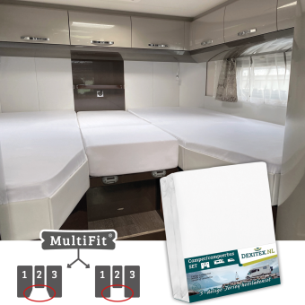 Textielpakket Camper lengtebedden met midden matras – 2 hoeslakensets(3 delig) en 1 moltonset(3 delig)