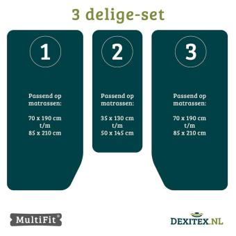 Textielpakket Camper lengtebedden met midden matras – 2 hoeslakensets(3 delig) en 1 moltonset(3 delig)