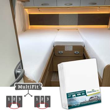 Textielpakket Camper lengtebedden met midden matras – 2 hoeslakensets(3 delig) en 1 moltonset(3 delig)
